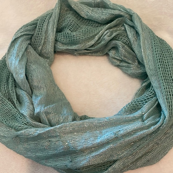 Soft deep mint green infinity scarf with silver metallic highlights, 72”X 28” - Picture 4 of 11